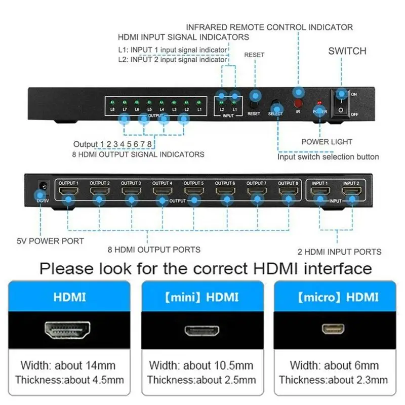 4K x 2K HD 1080P HDMIcompatible 2x8 HDMI сплиттер переключатель 2 Вход 8 Выход в 3D с пультом дистанционного