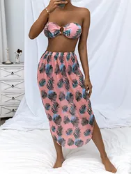 2022 New Custom Wholesale 3 Pieces Swimsuits Women Printed Female Beach Bathing Suit Push Up Skirt Swimwear Bikini Set