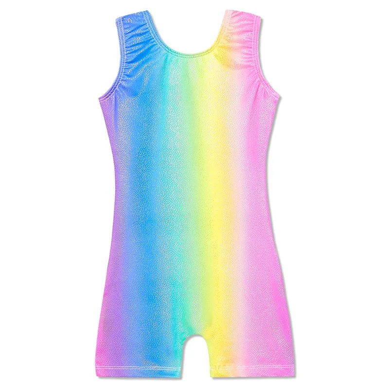 Цельный тренировочный гимнастический костюм детский унитард бикетард шорты без рукавов Радужный Единорог Блестящий гимнастический трико для девочек