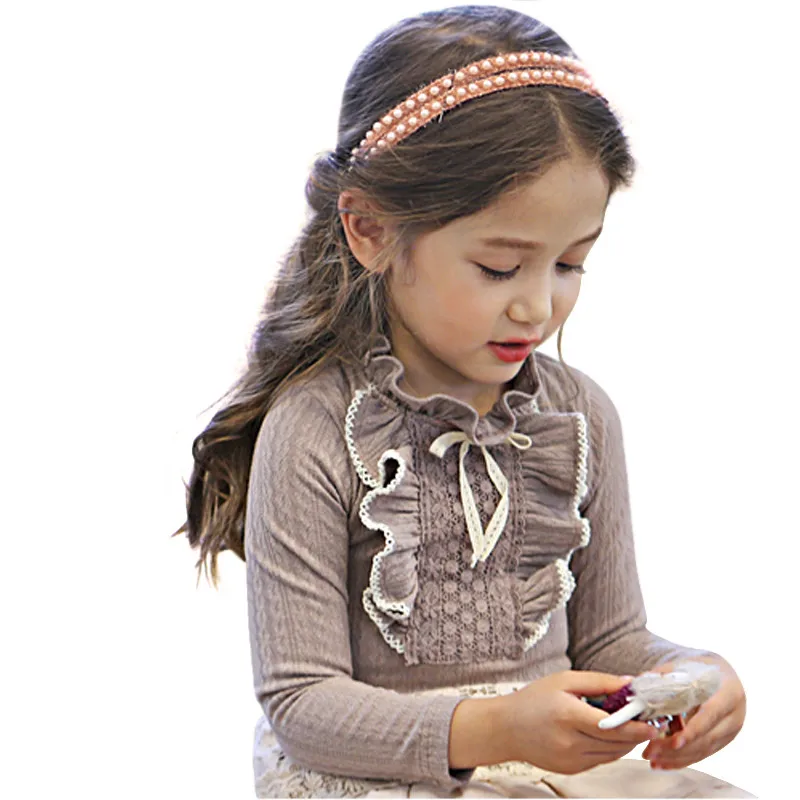 Girl Lace Shirt Child Clothing Gray/ White Autumn Spring Long Sleeved Little Girls Kids Cotton Shirt Wedding Party Prom Shirt