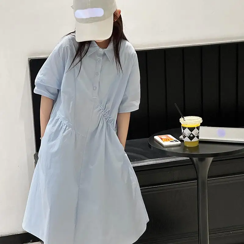 2024 New  Children Girl Short Sleeved Light Blue Shirt Dress Teenagers Cotton Dress 5-15 Years
