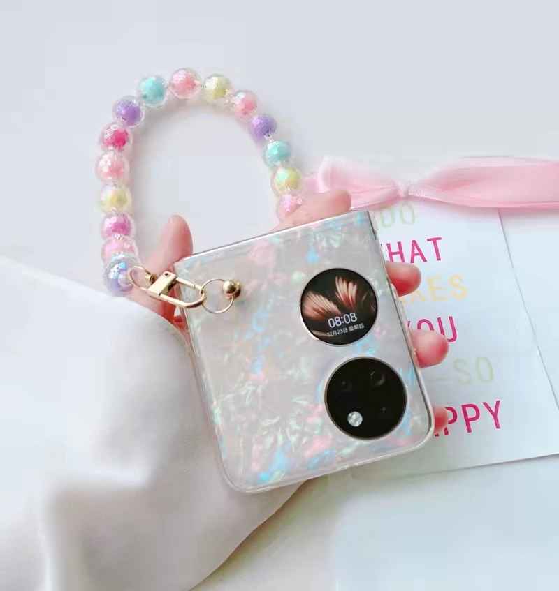 Glitter Pearly-Lustre Translucent Shell Pattern Mobile Phone Case With Wrist Chain for Huawei P50 Pocket Case
