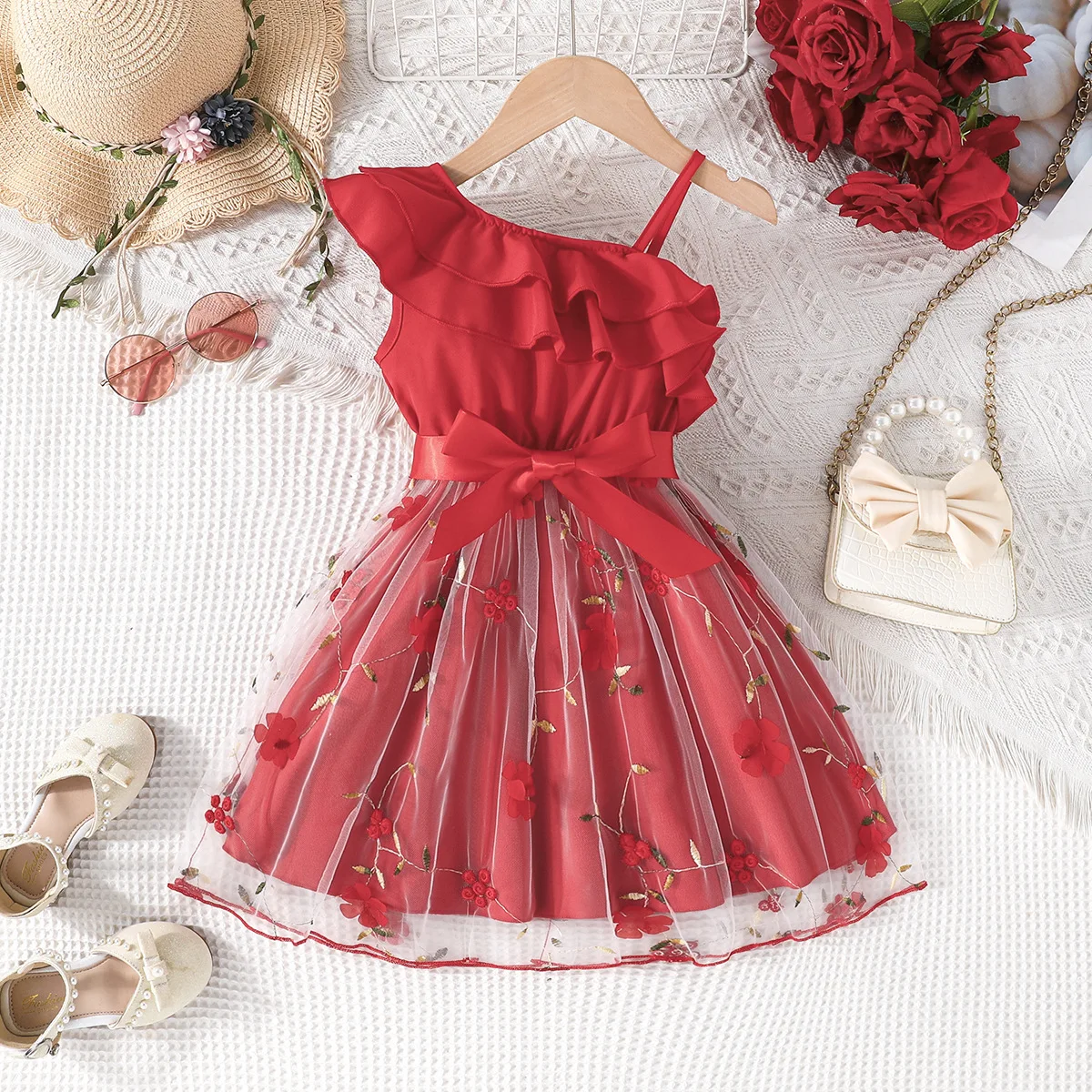 2025 Summer Boutique Beautiful Kids Clothing One Shoulder Lace Flower Princess Girls Dresses