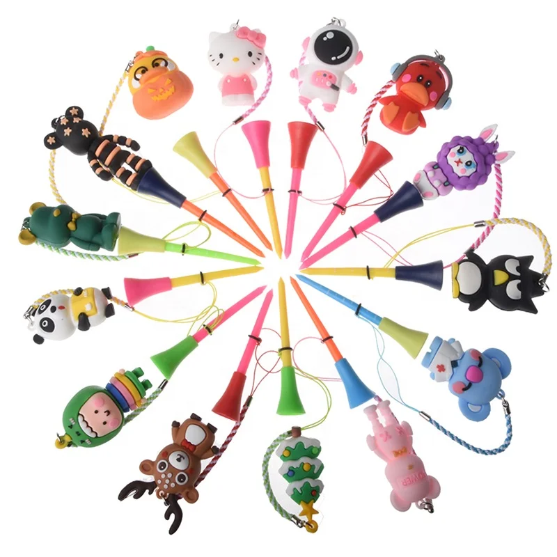 HOW TRUE High Quality 82mm Multicolour Rubber Cushion Top Plastic Golf Tees With Anti-Lost Rope Cartoon Doll
