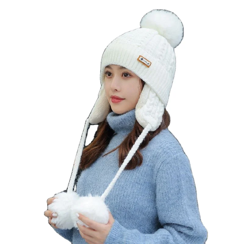Women Six Color Warm Wool Earflap Hat Winter Outdoors Thicken Beanies Three Fur Pom Pom Knitted Hats With Leather Patch