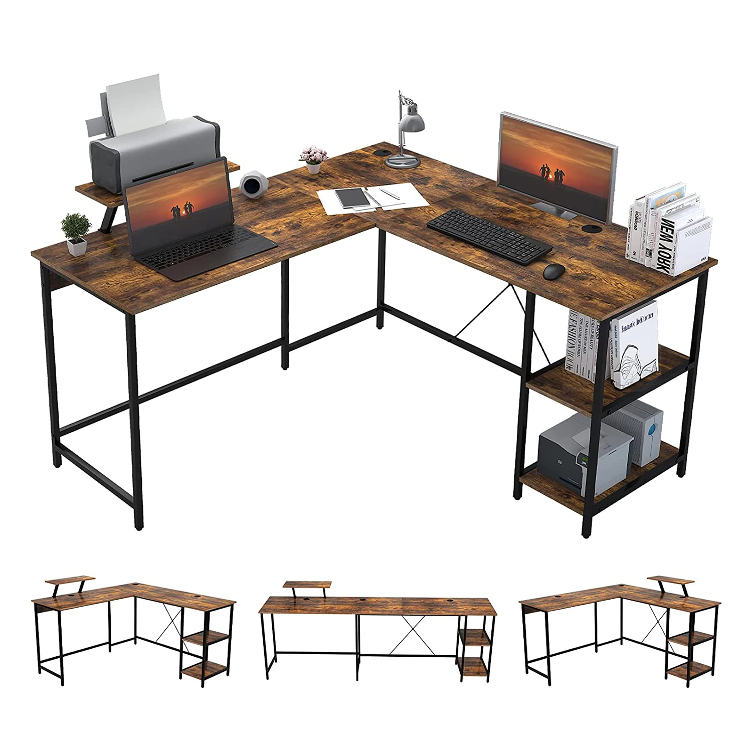 L Shaped Double Computer Corner Desk Home Office Gaming Workstation with Storage Shelves and Monitor Stand