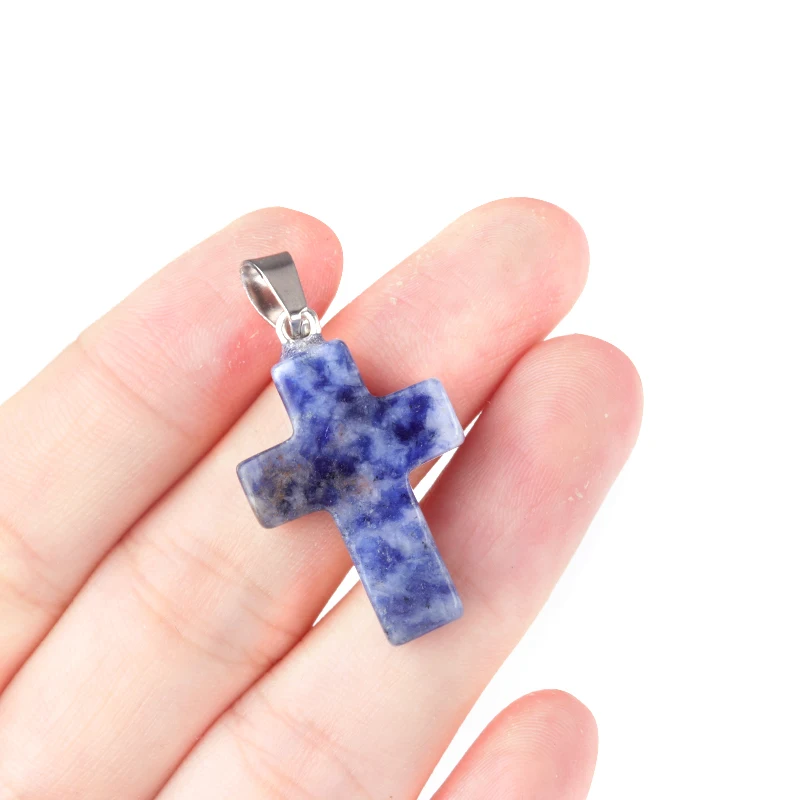 Natural Crystal Gemstones Jade Agate Cross Shaped Assorted Cross Charm Pendant Necklace For DIY Jewelry Making