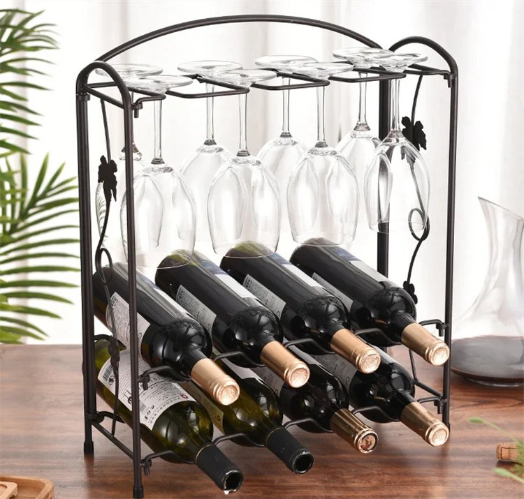 Amazon Best Sell Wine Rack Metal 8 Bottles Home Decoration Iron Wire Free Standing Wine Glasses Rack Wooden Wine Rack For Home