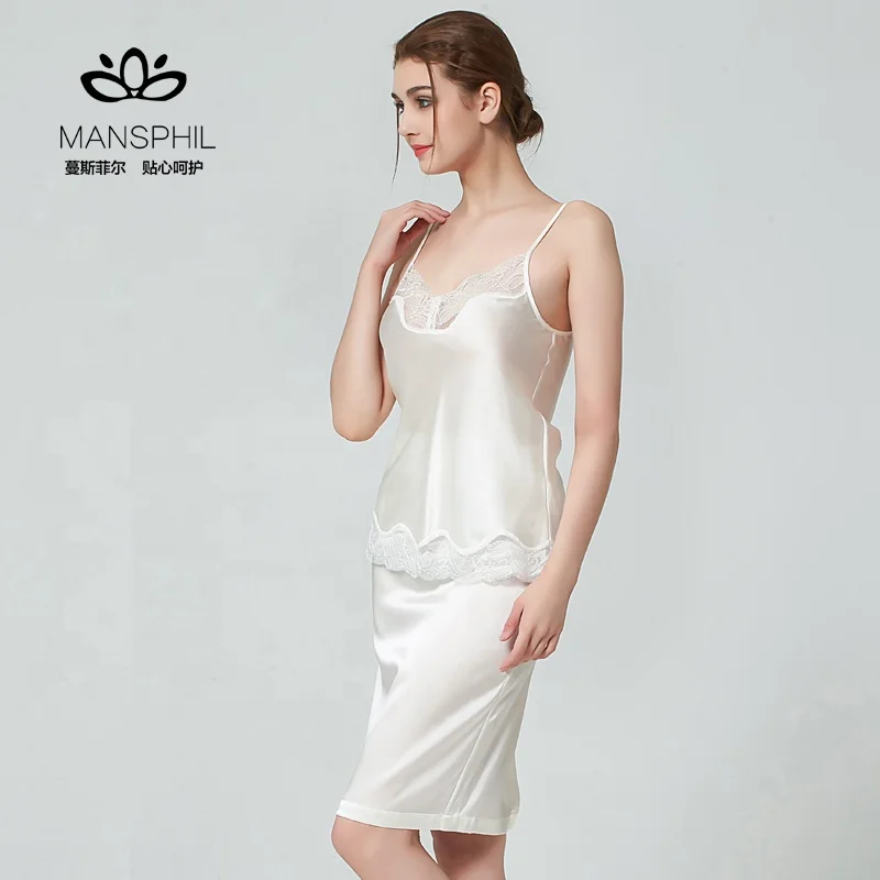 100 Silk Spaghetti top camisole and skirt PJ Set Homewear Sleepwear with  Lace Trimming