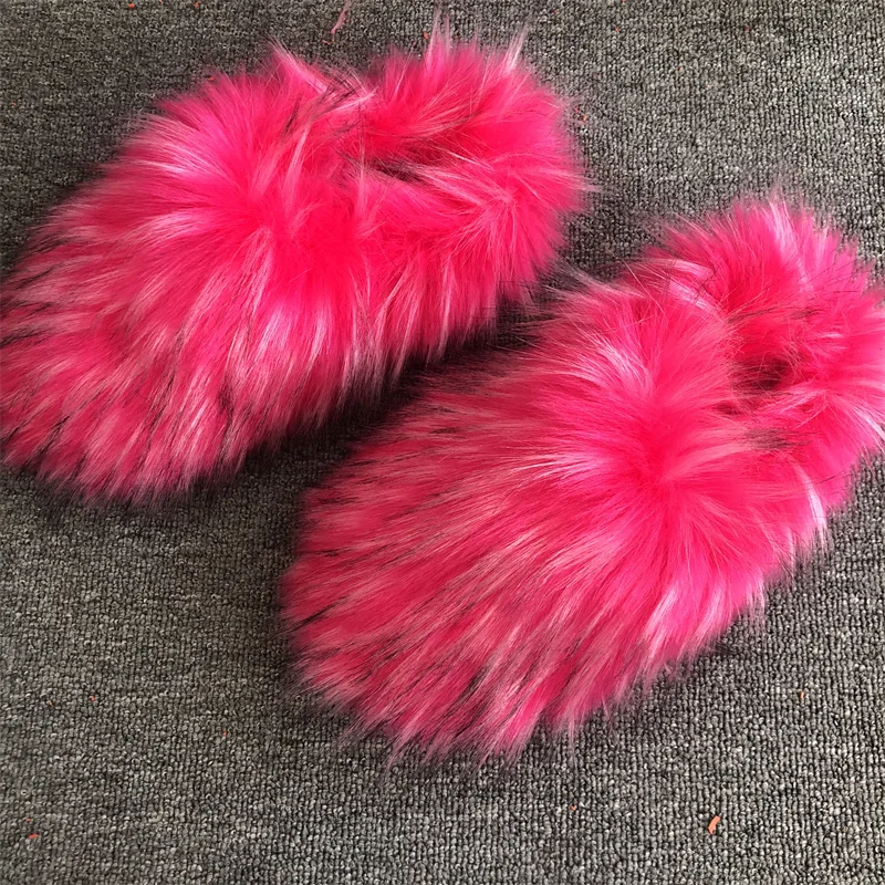 New Design Fashion Soft Fluffy Faux Fur Slide Fox Raccoon Fur Slippers For Women
