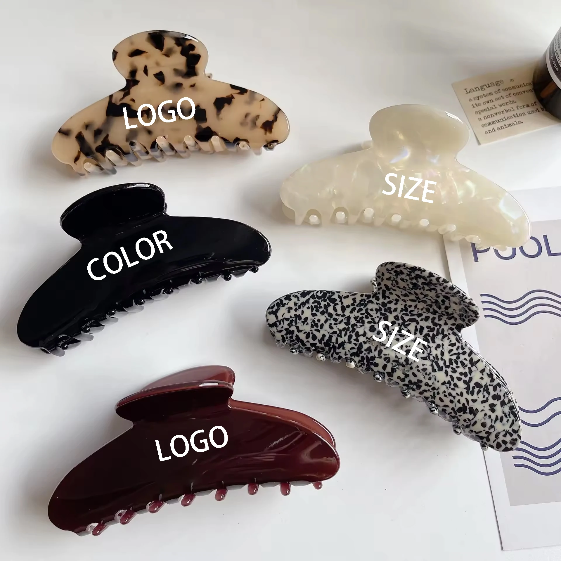 HC400D High quality customize logo  rhinestone name hair clip claw wholesale personalized cellulose acetate hair claw for women