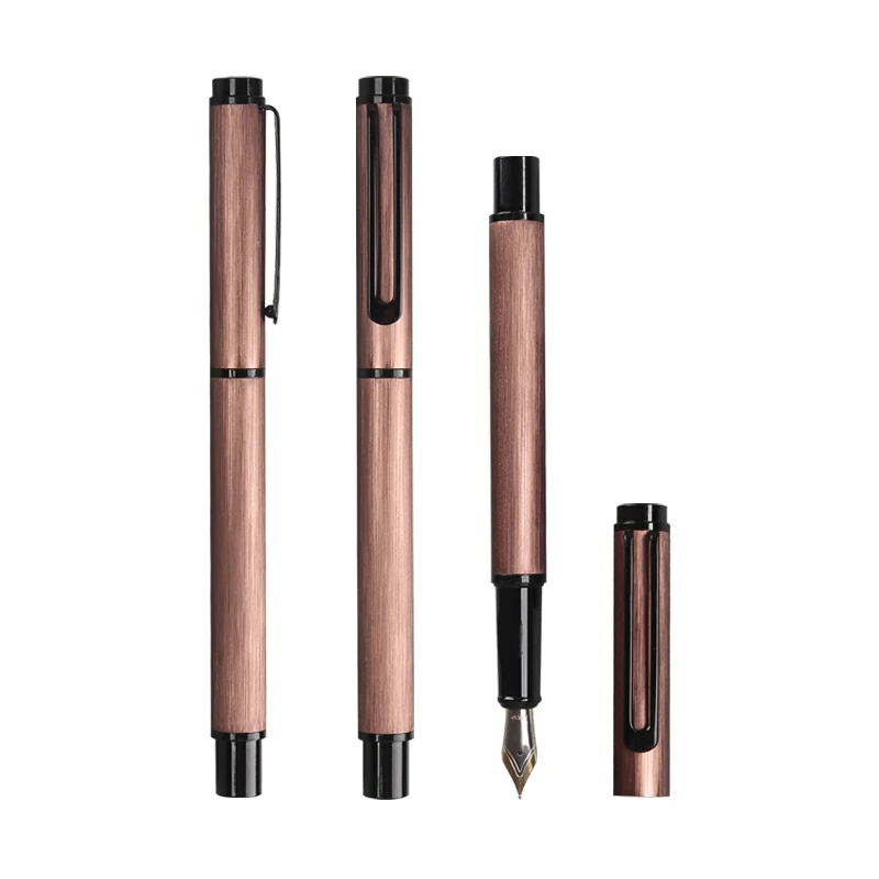 TTX New Lapiceros Custom Logo Aluminum Rod Drawing Gift Set Box Metal Brown Luxury Fountain Pen