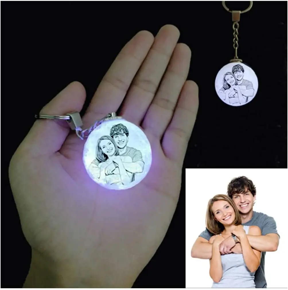 2021Hot Sell Decoration Accessories Creative LED Night Light Key Holder Chain 3D Print Moon lamp Keychain 4cm