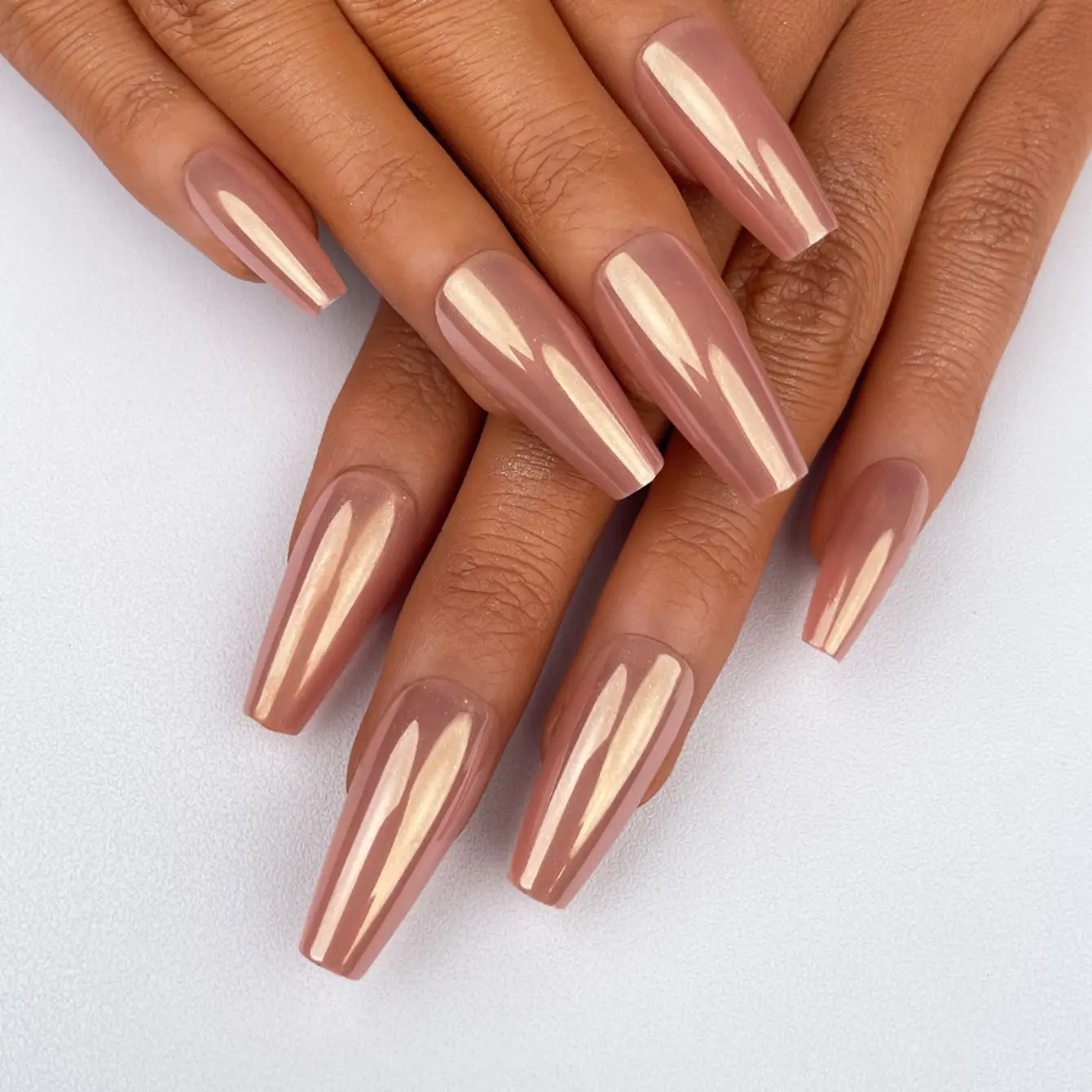Wholesale Acrylic Chrome Nails Champagne Orange Shimmer Electroplating Long Coffin Press On Nails Artificial False Fingernails