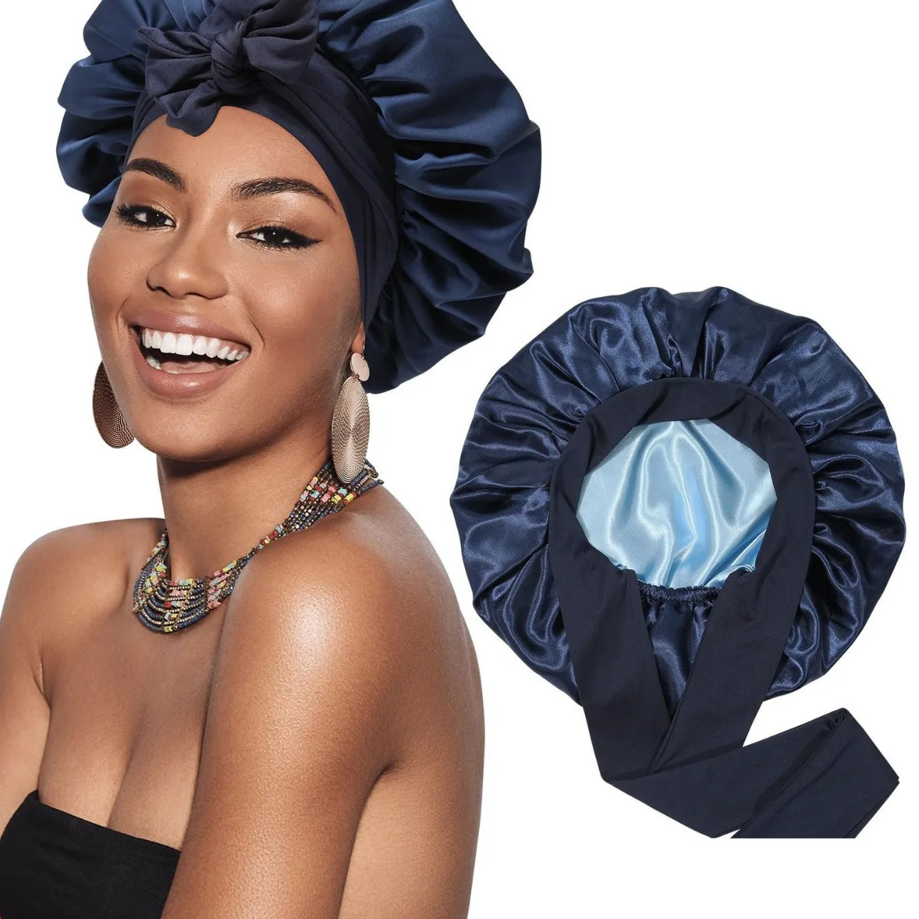 High Quality Satin Bonnet Silk Bonnet for Sleeping Silk Sleep Cap Double Layer Hair Bonnet with Elastic Tie Band for Curly Hair
