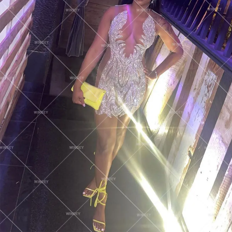 Handmade Elegant Crystal Party Mini Skirt Prom Black Rhinestone Shine Night Dresses For Woman Sexy