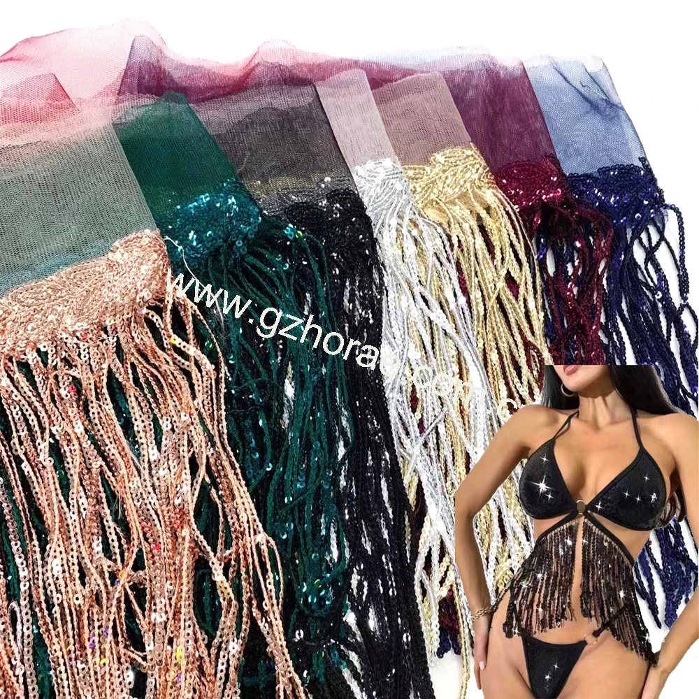 R418 wholesale luxury garment sequins fringe lace trim tassel trimming for dress