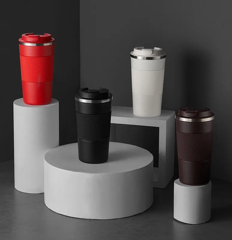 Seaygift customized stainless steel black thermos coffee mugs logo print double walled tumblers mug with silicone sleeve