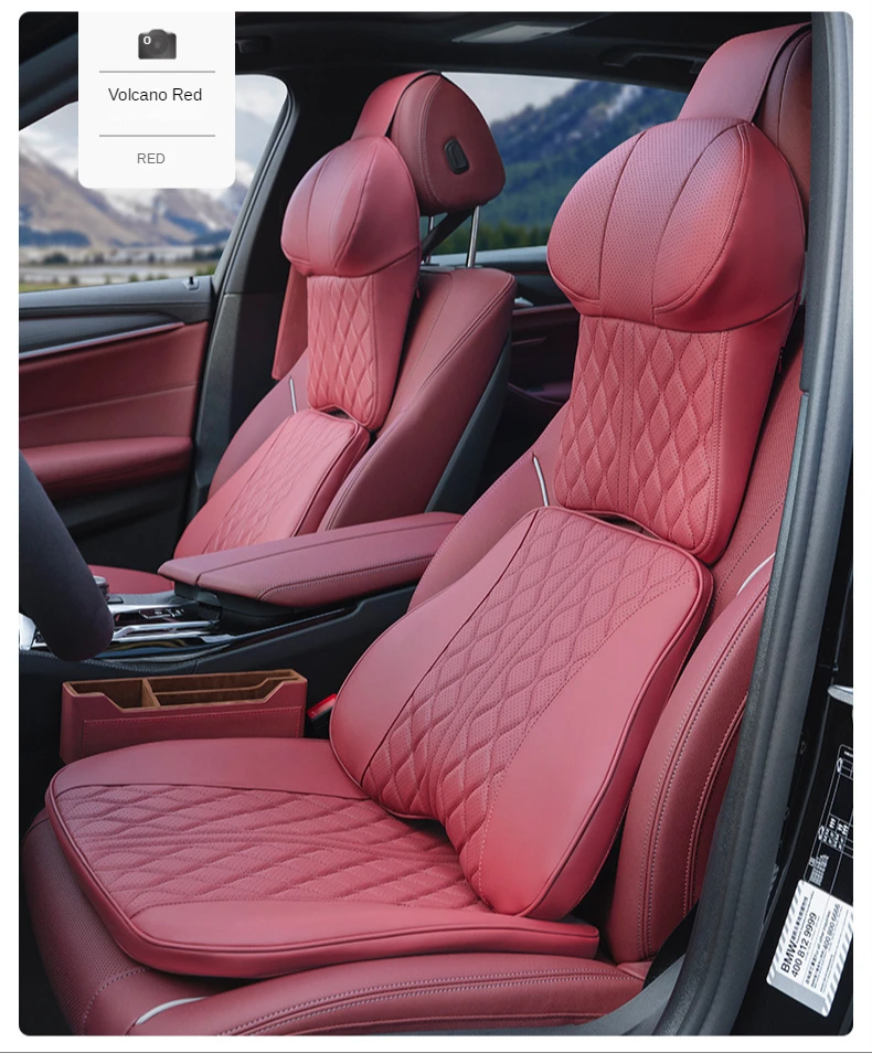Embroidered Leather Car Neck Pillow Memory Foam Lumbar Support Luxury Auto Headrest Pillow