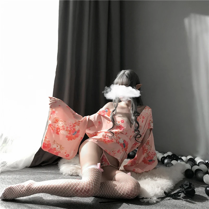 Japanese Pink cherry blossom print sexy lingerie sexy nightdress temptation bathrobe anime kimono set costumize kimono cosplay