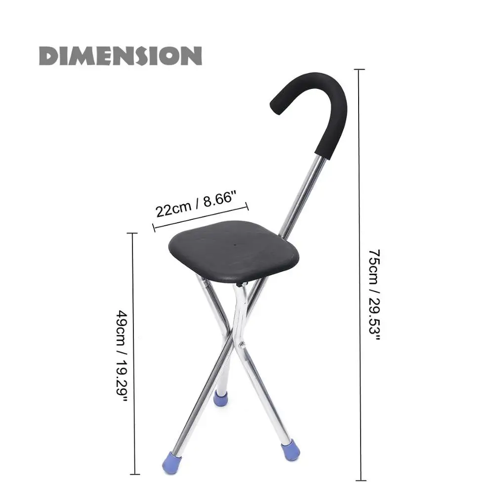 Portable 2 In 1 Stainless Lightweight Folding Walking Stick With Seat Tripod Stool Portable Walking Cane Chair For Old People