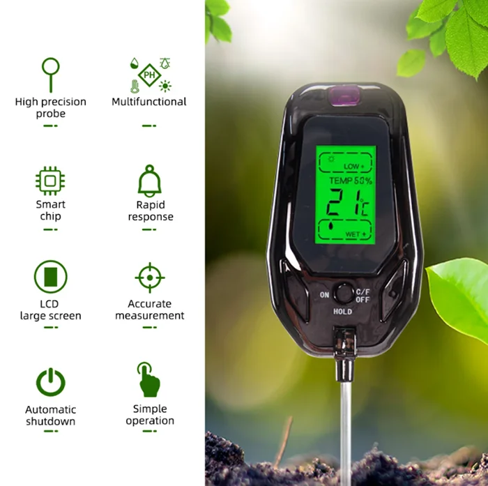 5 in 1 Soil PH Meter Tester Digital Temperature/Humidity/Sunlight/Moisture Garden Soil Acidity Analyzer for Farm Plants