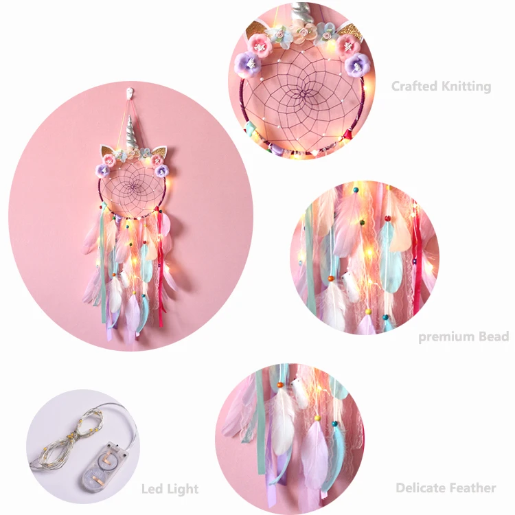 Единорог, мечта, единорог, Ловцы снов со светодиодом, красочное перо ручной работы для детей, Детский декор для девочек, настенное украшение, подарок благословение