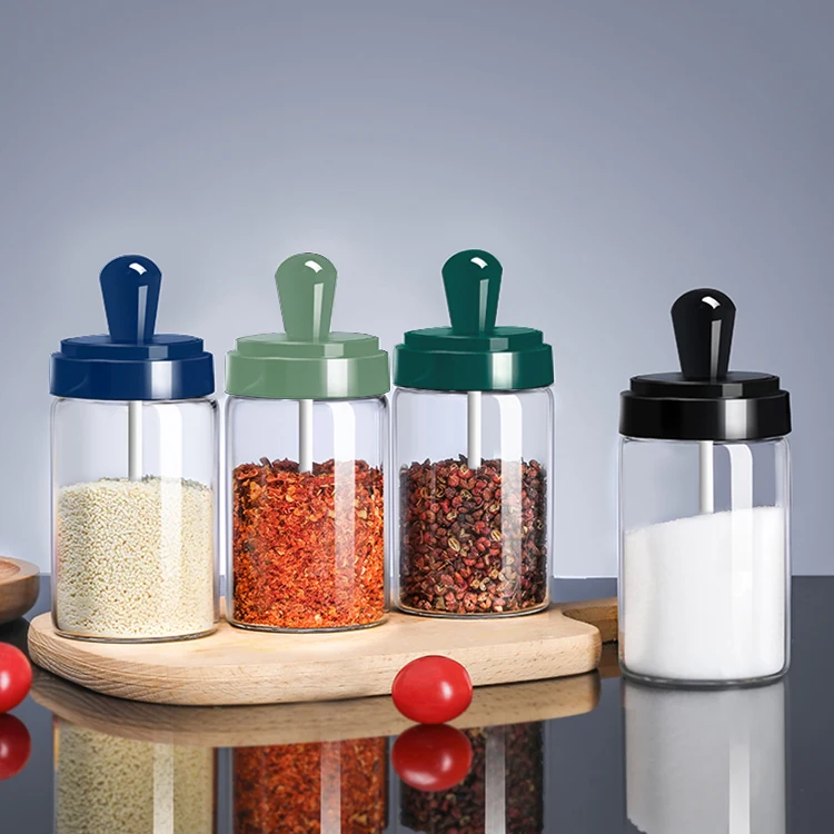 
New Food Sealed Airtight Round Kitchen Glass Sugar Tea Bottles Plastic Seasoning Jar Food Spice Storage Jar with spoon 
