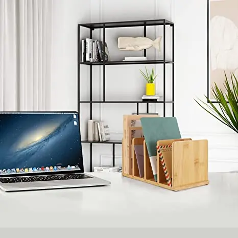 4 Slots Bamboo Wood Desktop File Folder Desk Organizer Bamboo Wooden Countertop Sorter Holder