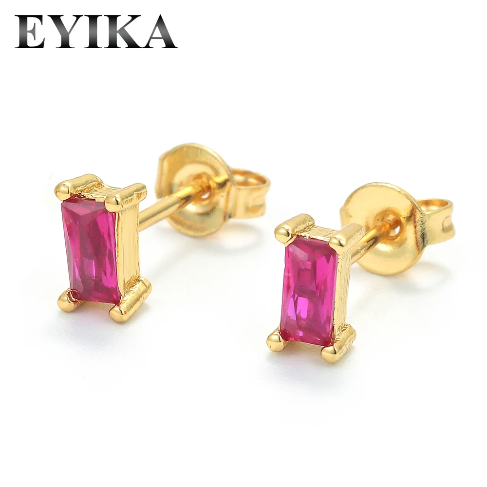 EYIKA Wholesale 18K Gold Quality Colorful Zircon Rectangle Mini Baguette Earrings Stud For Girls