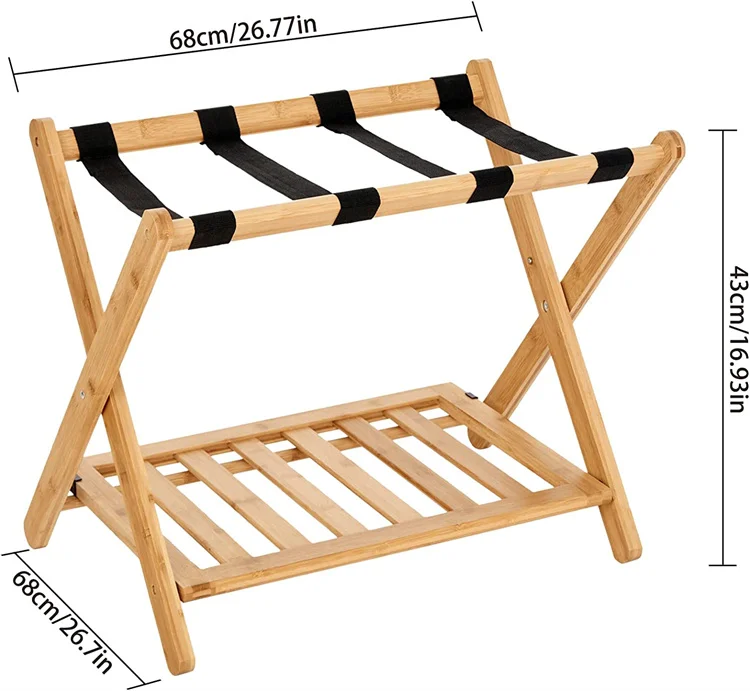 2-Tier Bamboo Foldable Luggage Rack Suitcase Stand with Nylon Straps, Luggage Holder with Shelf for Bedroom Hotel