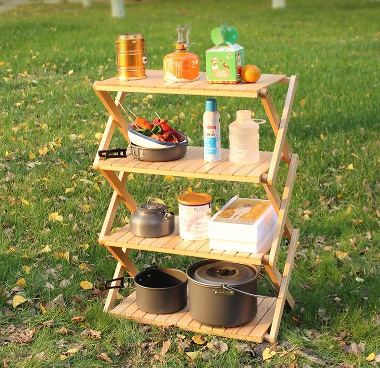 Outdoor indoor 4 floors lightweight foldable wooden shelf table for camping folding