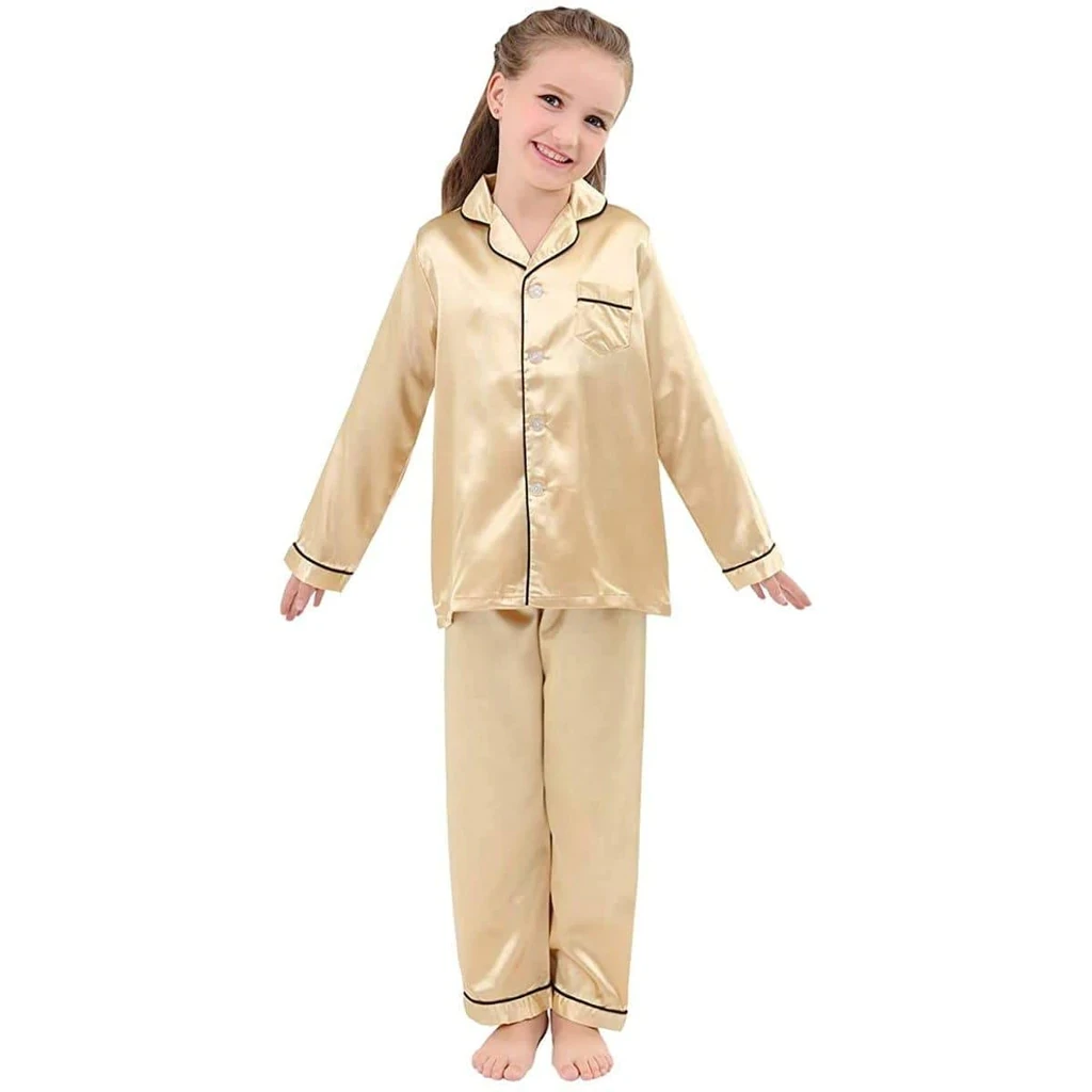 Cartoon Satin Kids Pajamas Set With Pants 14Years Old Girl Clothes Silk Sleepwear Loungewear