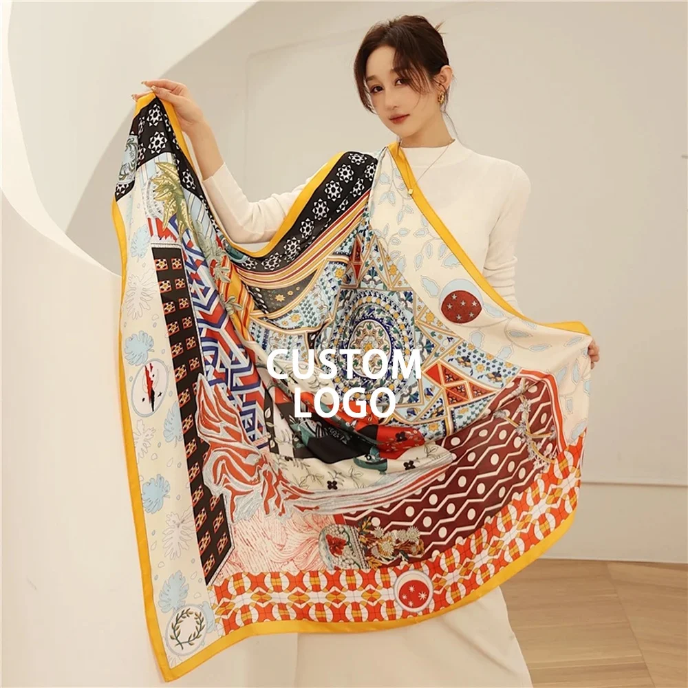 Wholesale Large Silk Scarf Ladies Custom Logo Digital Print Luxury Silk Scarves For Women foulard en soie