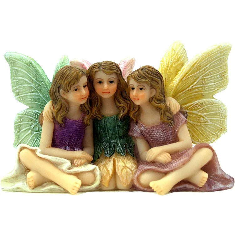 Оптовая продажа, миниатюрные садовые украшения, 3 великолепные друзья, сидящие феи, статуэтки из смолы