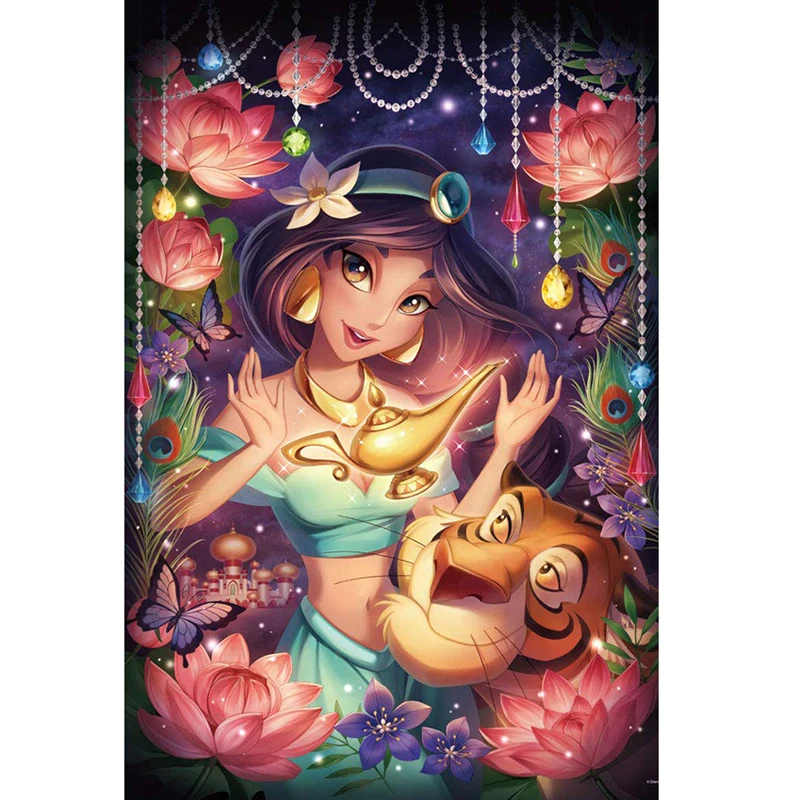 5D Diy Diamond Painting Cross Stitch Cartoon Princess and Tiger Diamond Embroidery Castle Full Round Diamond Mosaic Wall Arts