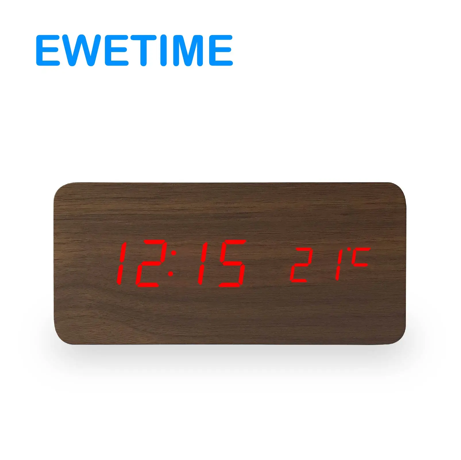 EWETIME Desk Clocks Radio Digital LED Wooden KOREAN Solar Square Modern Anniversary 3 Alarms for Everyday CE ROHS Black, Wood