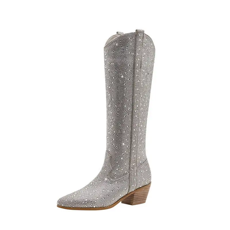 Xinzirain Custom Sparkly Rhie Premium Leather Embellished Low Chunky Heel Ankle Cowboy Boots