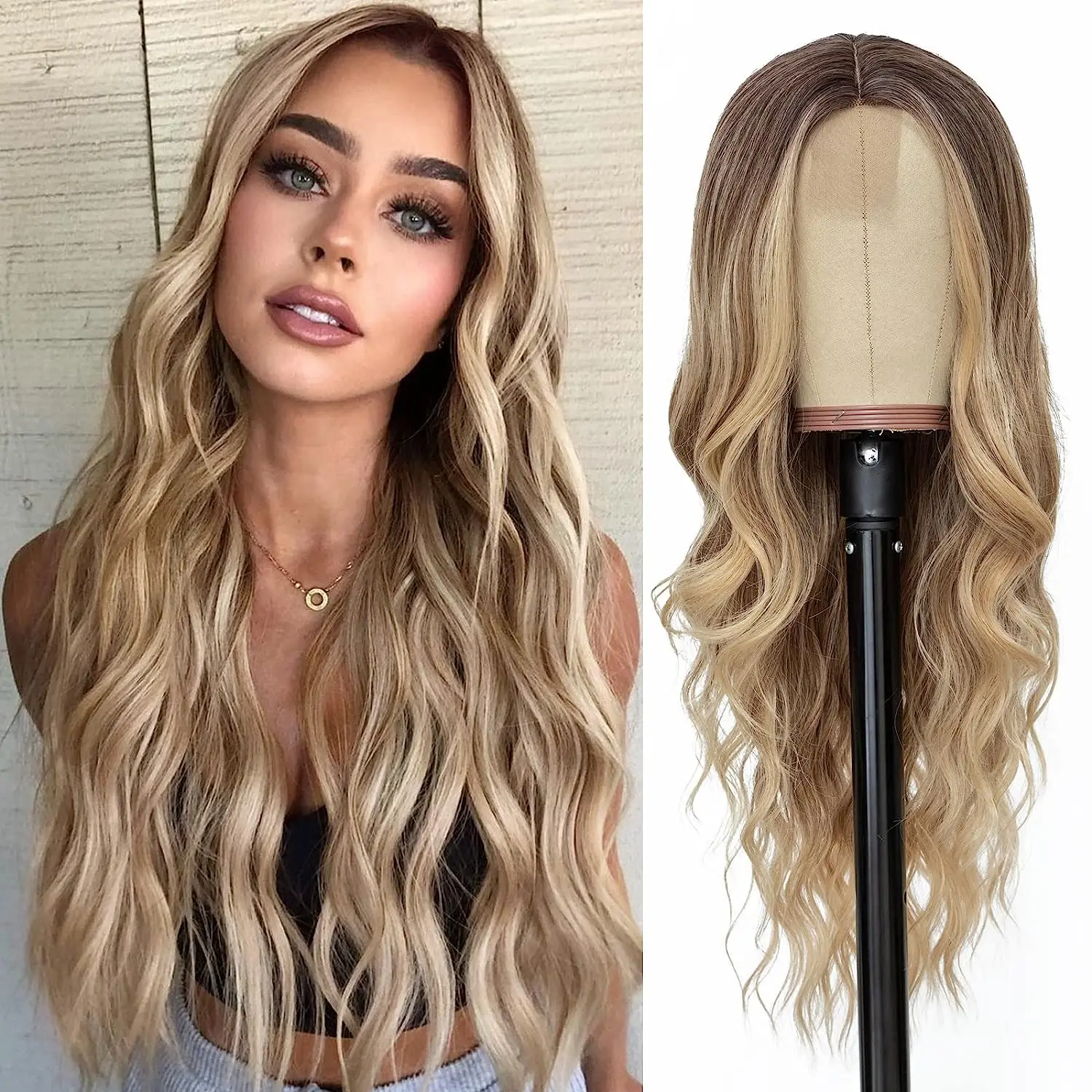 Easy to sell style Long Brown Mixed Blonde Wavy Wig for Women 26 Inch Middle Part Curly Wavy Wig Natural Looking Synthetic Heat