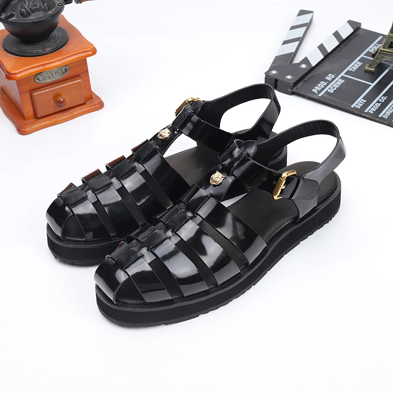 2024 new Simple Black Casual Shoes  round Toe Design  Comfortable Wedge Shoes Lace Up Cross Straps Platform Sandals
