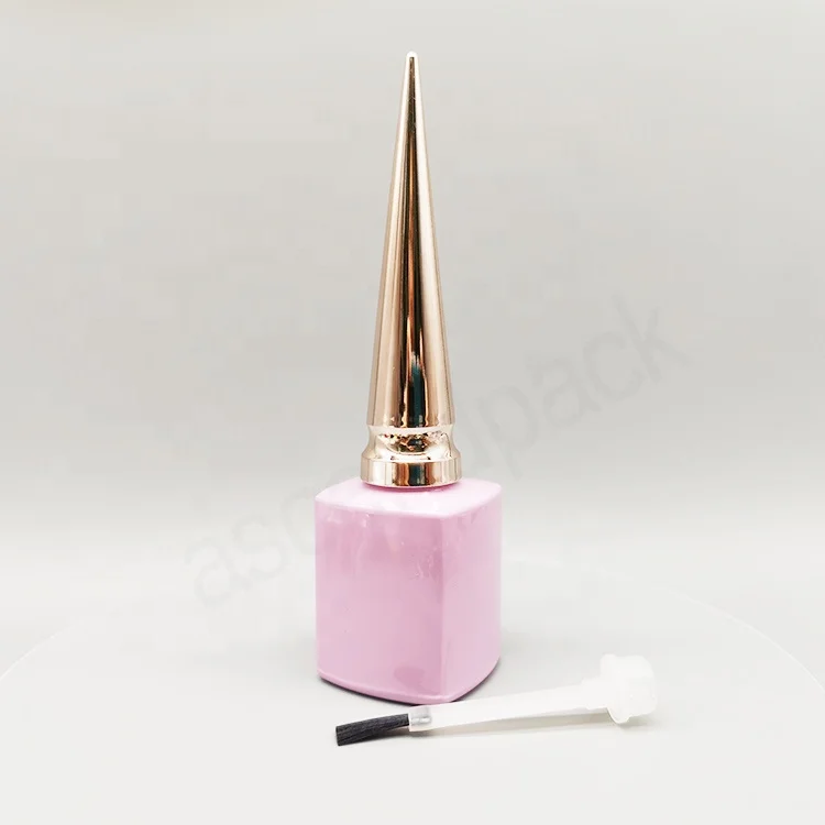 fancy 14ml 15ml 16ml round square empty glass packaging pink nail gel polish bottle with rose gold pointy cap wide brushes