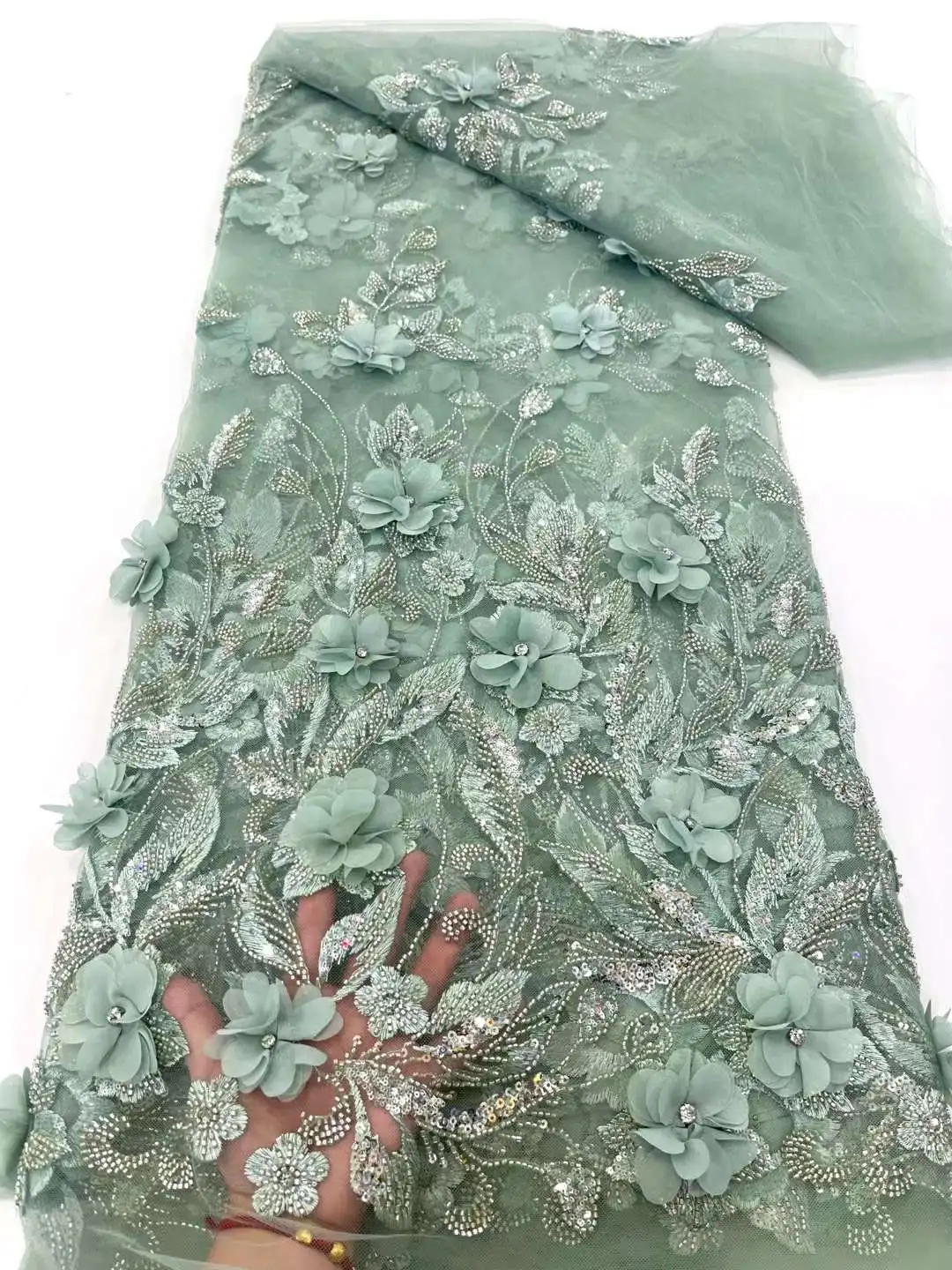 Dubai green sequin lace fabric