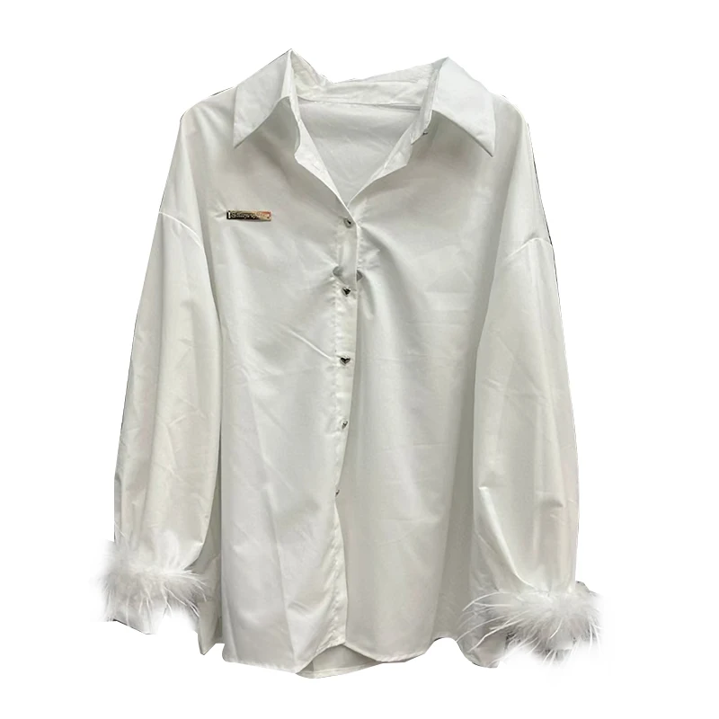 TWOTWINSTYLE Spring Summer White Splicing Feather Blouses Elegant Women Long Sleeve