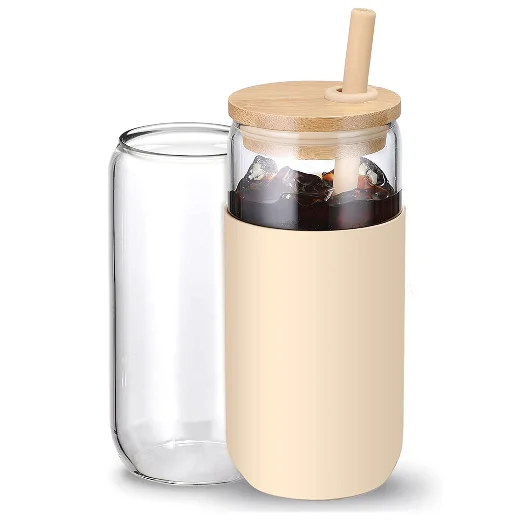 Online Hot 16oz Can Shaped Glass Cups Beer Iced Coffee Drinking Glasses with Bamboo Lids Straw