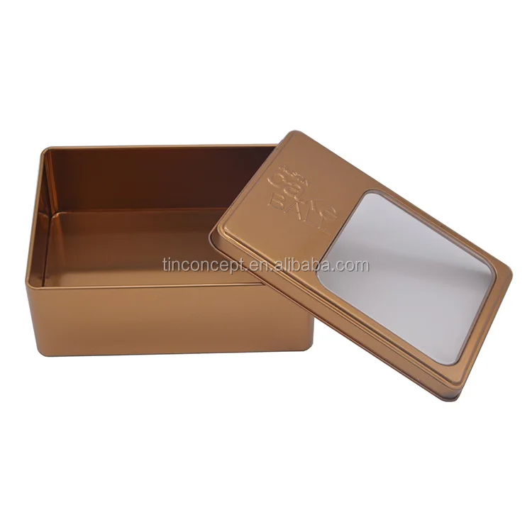 Modern Design Gold Hinged Lid Tin Box Window For Cake Ball