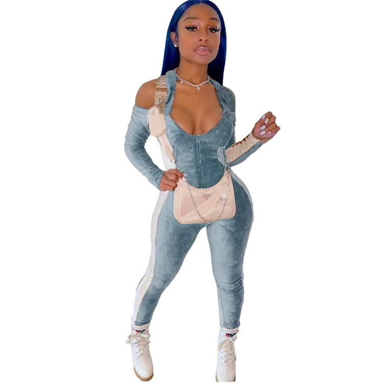 Winter clothes for women neck splice sexy bodycon backless one piece jumpsuits with zipper new arrivals 2021