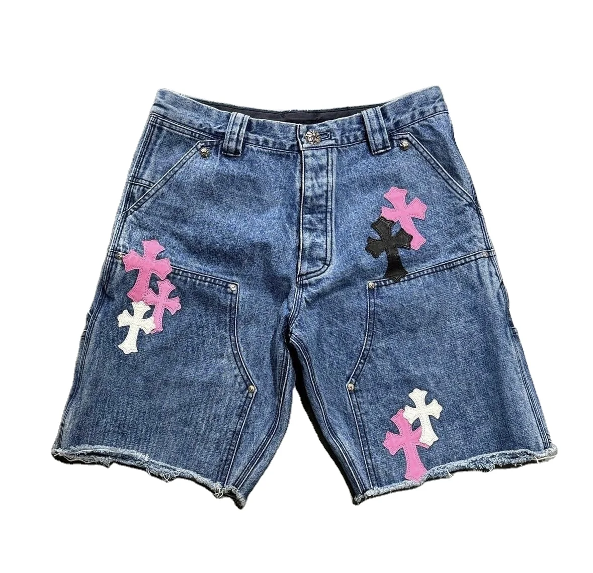 Custom High Quality Men Cowboy Knee Length 100% Algodon Distressed Washed Raw Hem Denim Ripped Jeans Shorts