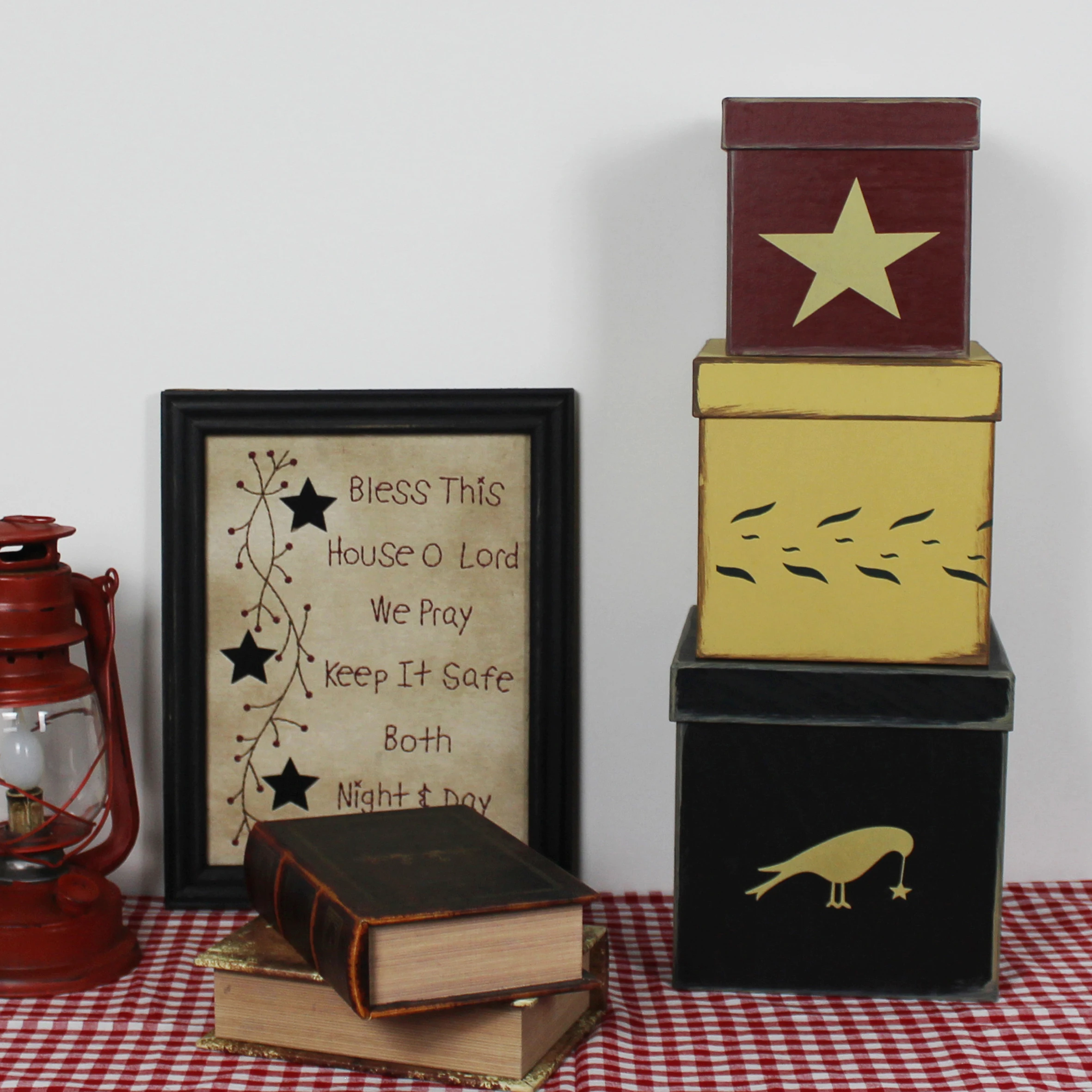 Primitive Country Cubic Star Crow Cardboard Nesting Boxes, 8/7/6 Inch. Set of 3