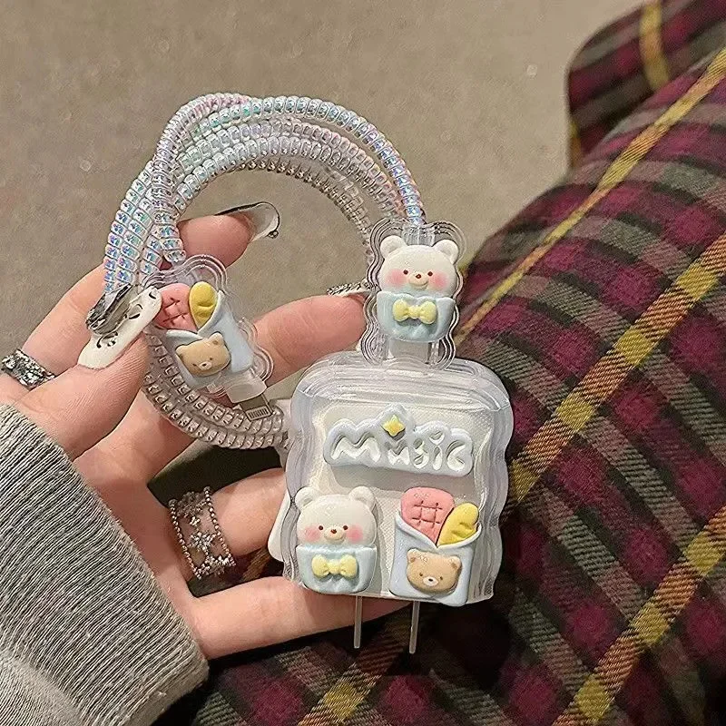 Korea Cute Bear Bread Transparent Charger Cover For IPhone 11 12 13 14 15 18W-20W Charge Protection Cover Soft Charger Sleeve