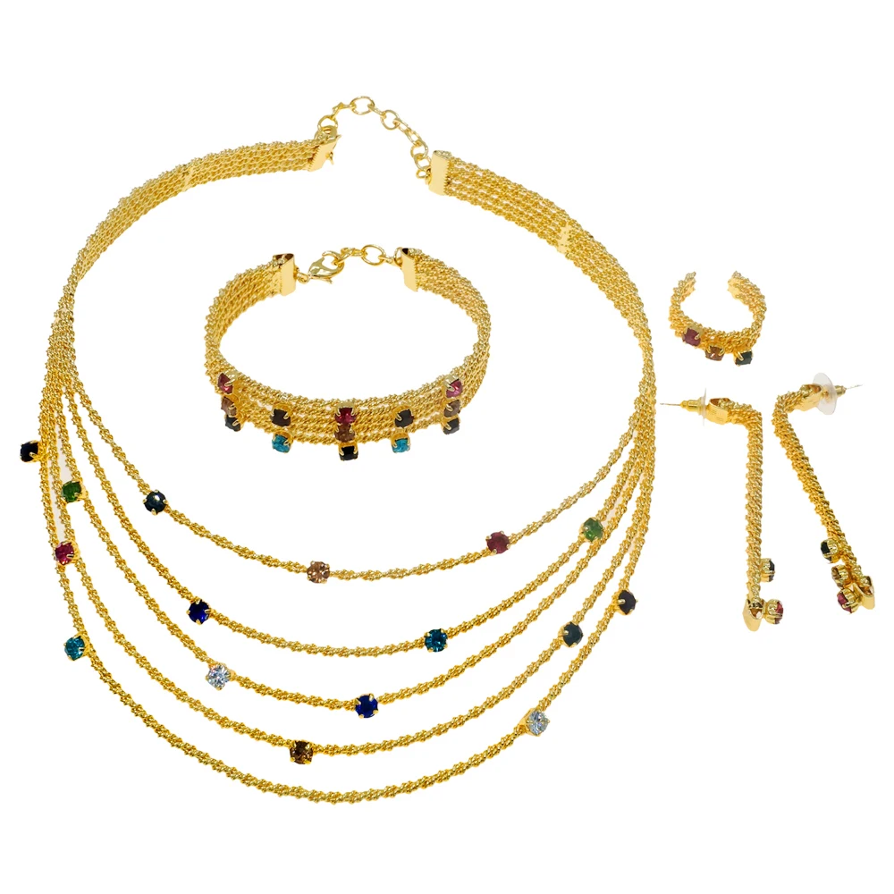 Yulaili Latest Jewels 24K Gold Plated Brazilian Style Jewelri Sets Fine 5A Zirconia Stones Necklace Bracelet Earrings Rings